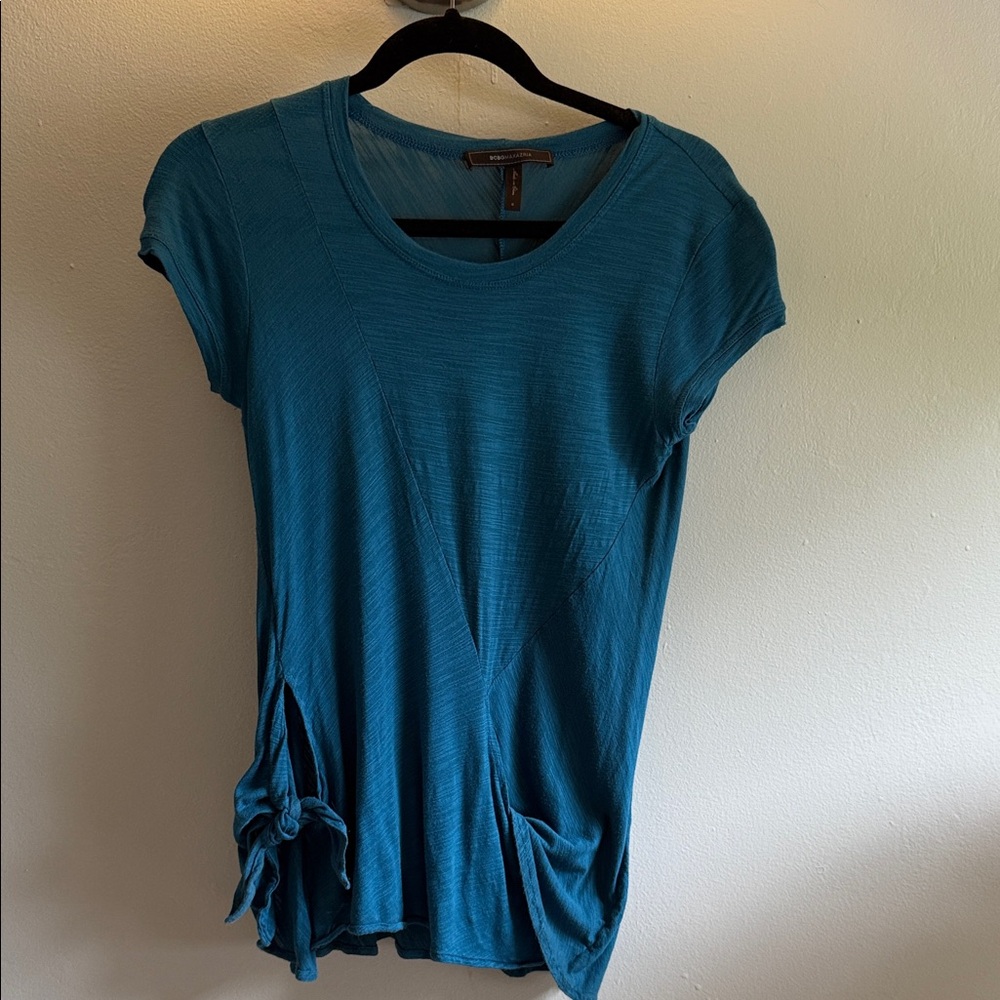 BCBGMaxAzria Teal Blue Short Sleeve Top with Side Tie